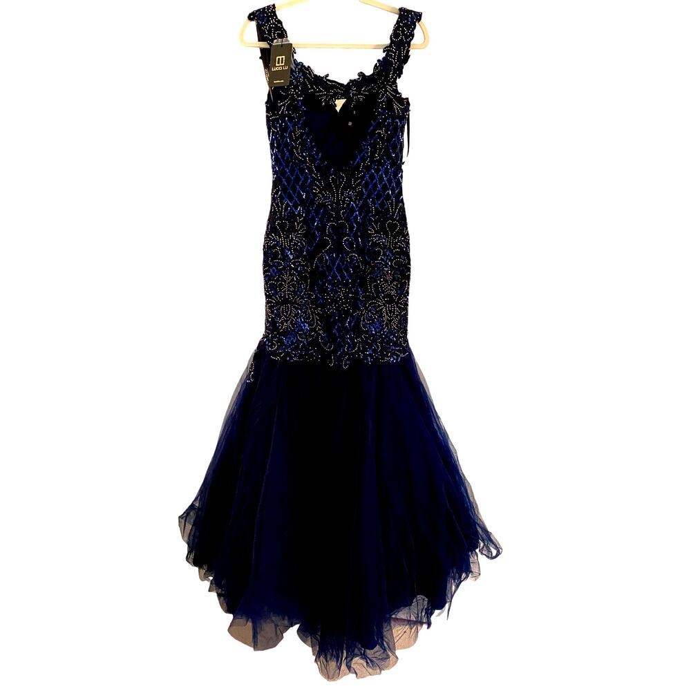 NWT Lucci Lu 28062, Off the Shoulder Navy Trumpet Tulle Gown Beaded, 8 - Picture 6 of 8